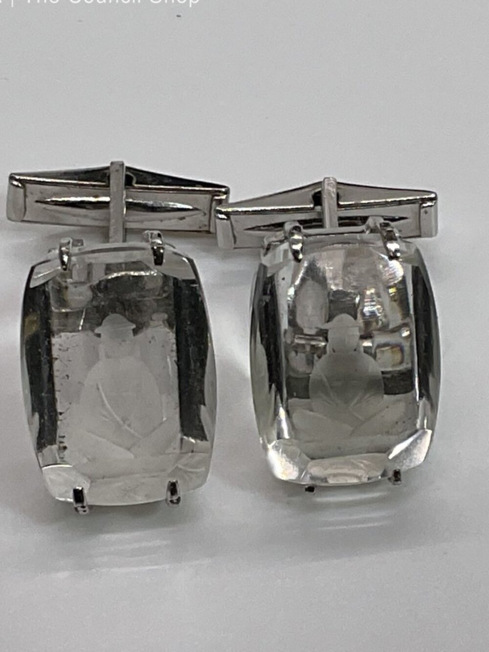 SILVER Tone Clear TOPAZ Reverse Carved Seated Buddhist Cufflinks